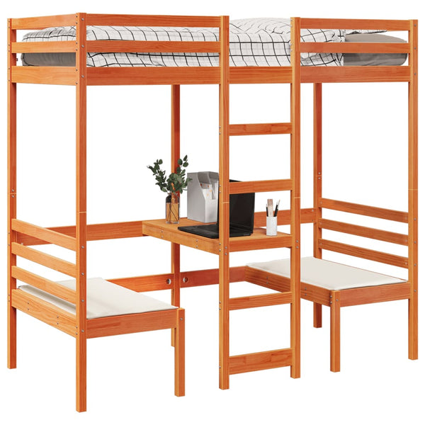 vidaXL Loft Bed with Desk & Chairs Brown 90x190 cm Pine Wood