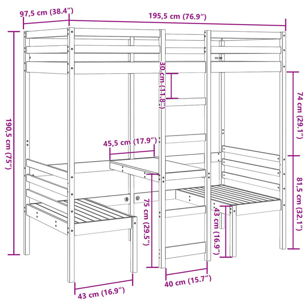 vidaXL Loft Bed with Desk & Chairs Brown 90x190 cm Pine Wood