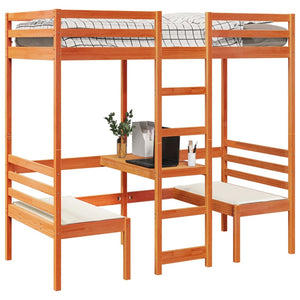 vidaXL Loft Bed with Desk & Chairs Brown 75x190 cm Pine Wood