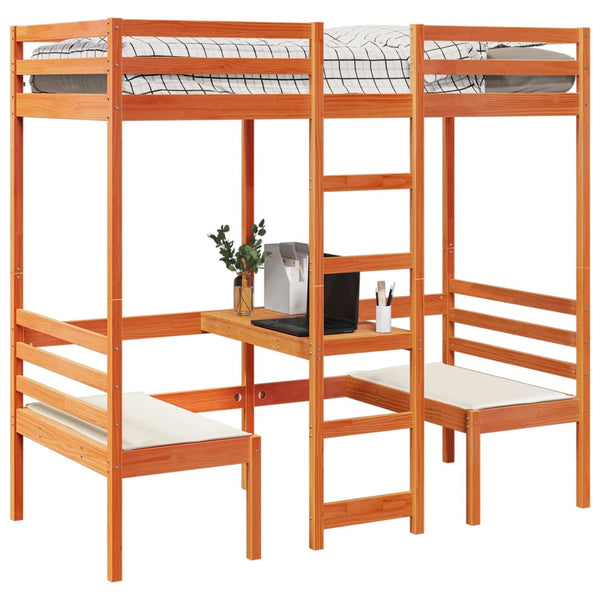 vidaXL Loft Bed with Desk & Chairs Brown 75x190 cm Pine Wood