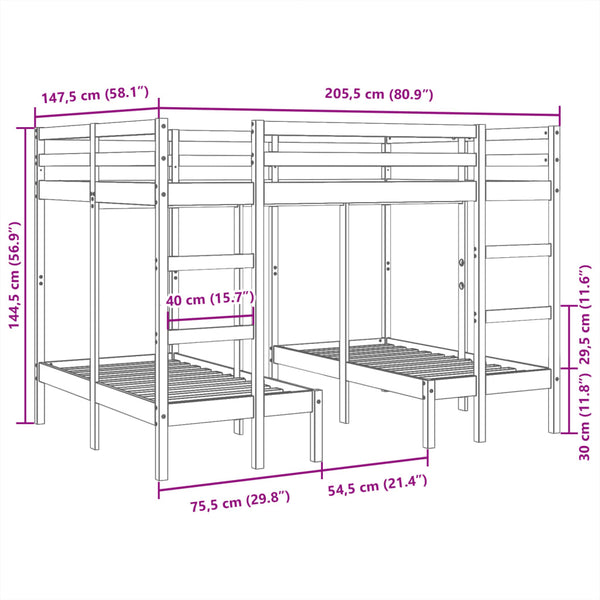 vidaXL Triple Bunk Bed White 140x200/70x140 cm Solid Pine Wood