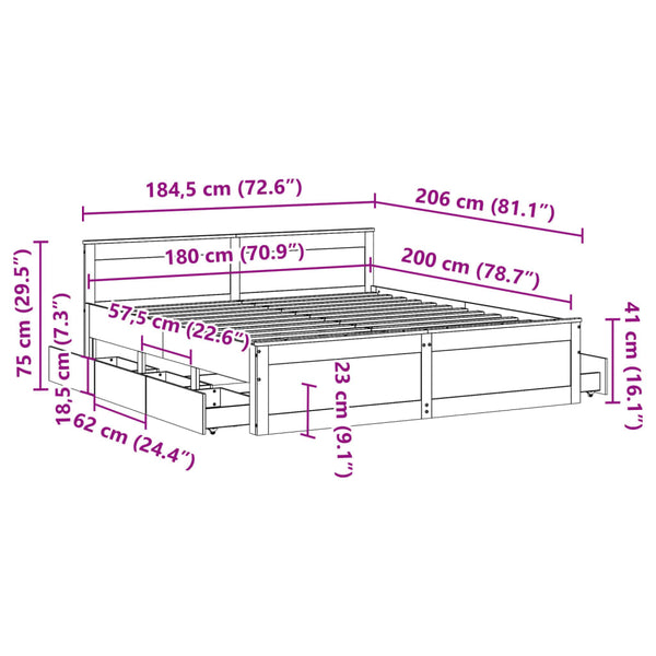 vidaXL Solid Wood Bed Frame without Mattress with Headboard White 180x200 cm