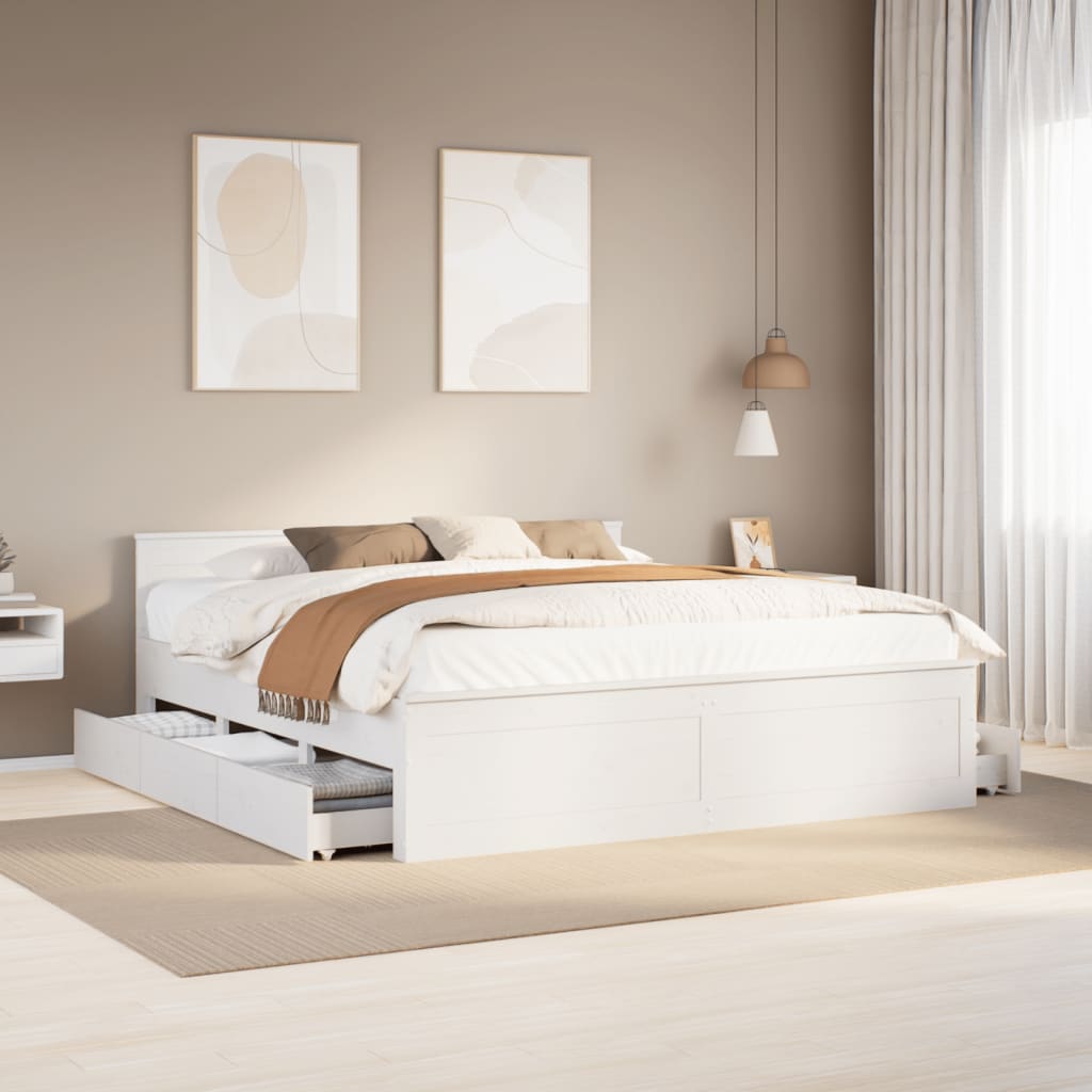vidaXL Solid Wood Bed Frame without Mattress with Headboard White 180x200 cm