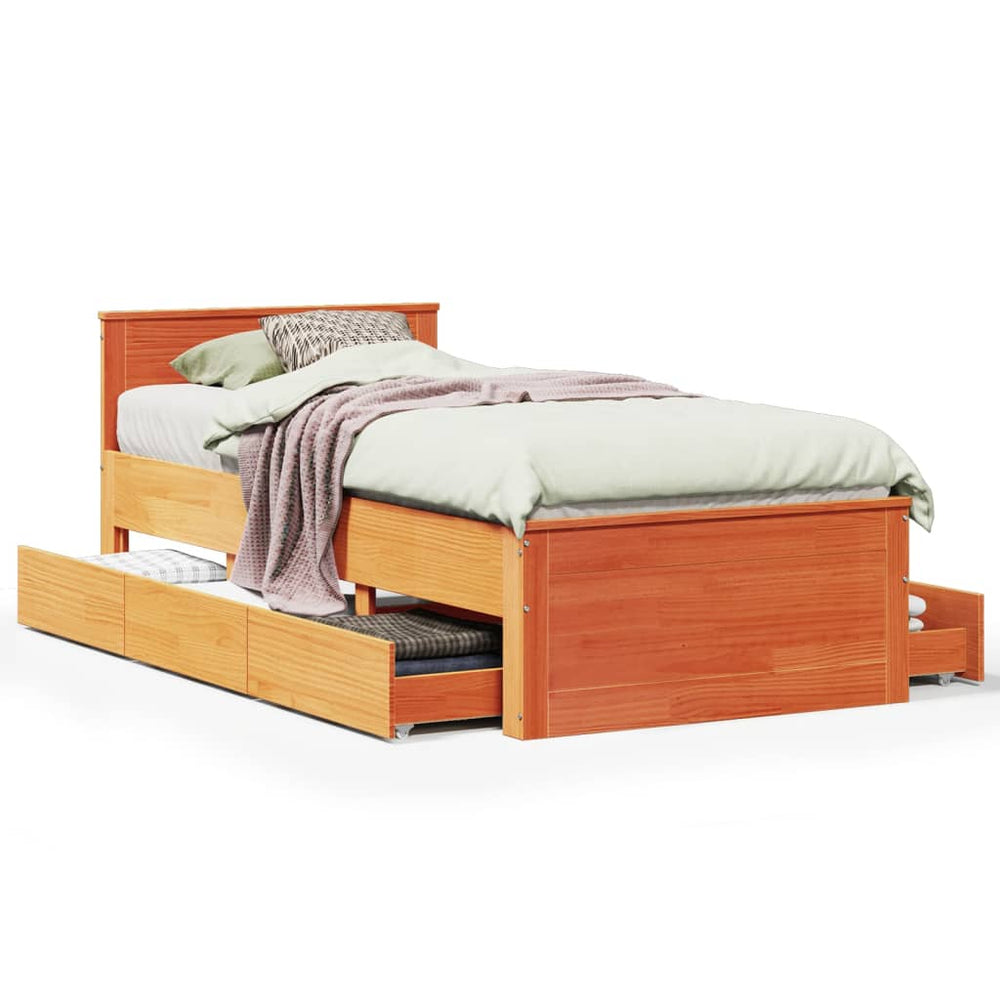 vidaXL Solid Wood Bed Frame without Mattress with Headboard 100x200 cm Waxed Brown