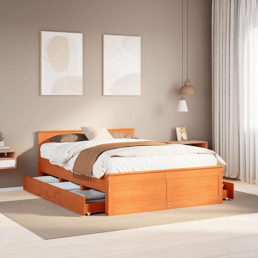 vidaXL Solid Wood Bed Frame without Mattress with Headboard Brown 140x190 cm