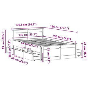 vidaXL Solid Pine Bed Frame without Mattress with Headboard White 135x190cm