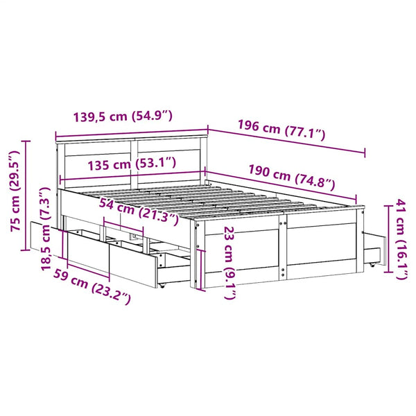 vidaXL Solid Pine Bed Frame without Mattress with Headboard White 135x190cm