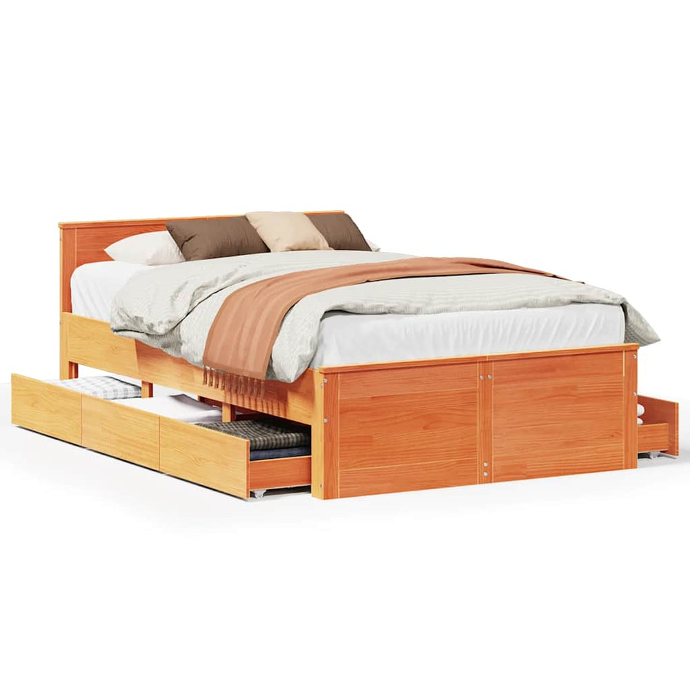vidaXL Solid Wood Bed without Mattress with Headboard Waxed Brown 135x190 cm