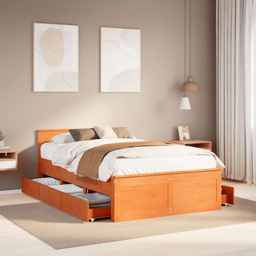 vidaXL Solid Wood Bed without Mattress with Headboard Waxed Brown 135x190 cm