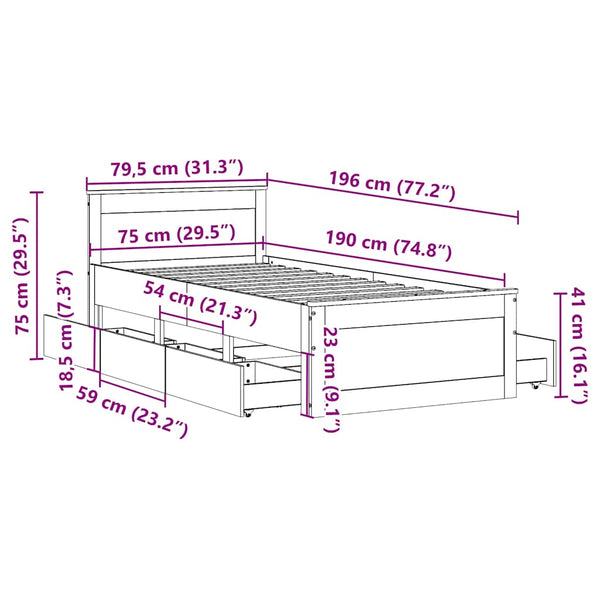 vidaXL Solid Wood Bed Frame without Mattress with Headboard 75x190 cm