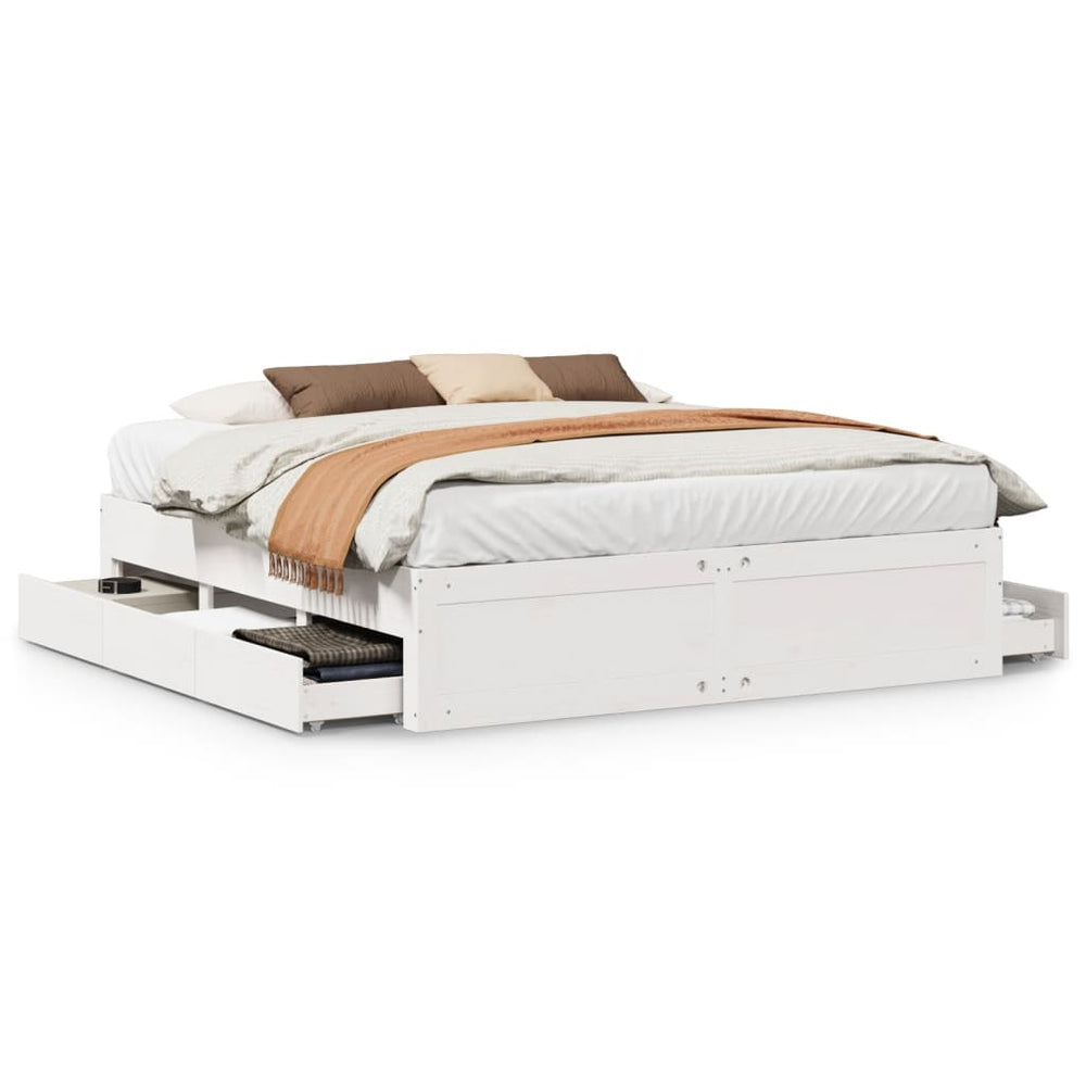 vidaXL Solid Wood Bed Frame without Mattress with Drawers White 200x200 cm
