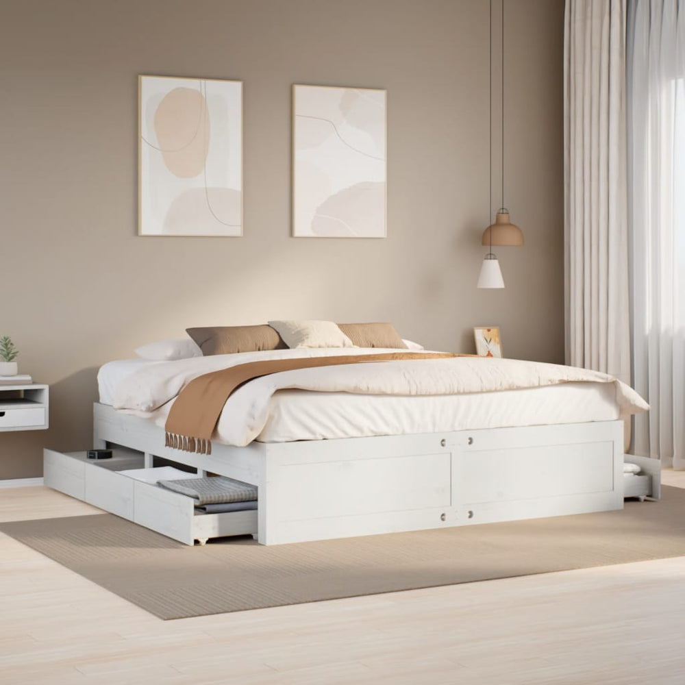 vidaXL Solid Wood Bed Frame without Mattress with Drawers White 200x200 cm