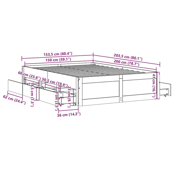 vidaXL Solid Wood Bed Frame without Mattress with Drawers Brown 150x200 cm