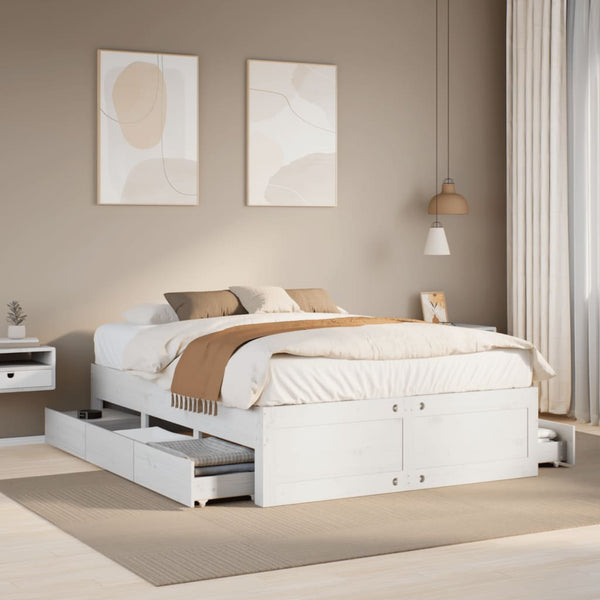 vidaXL Solid Wood Bed Frame without Mattress with Drawers White 140x200 cm