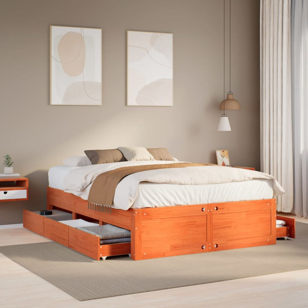 vidaXL Solid Wood Bed Frame without Mattress with Drawers Brown 140x200 cm