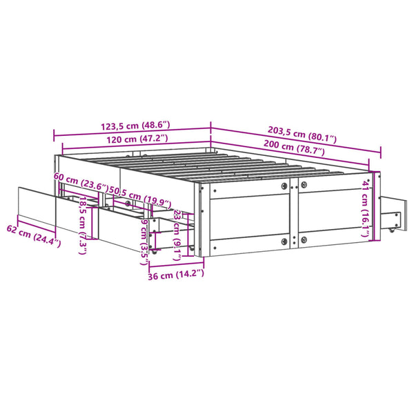vidaXL Solid Wood Bed Frame without Mattress with Drawers 120x200 cm