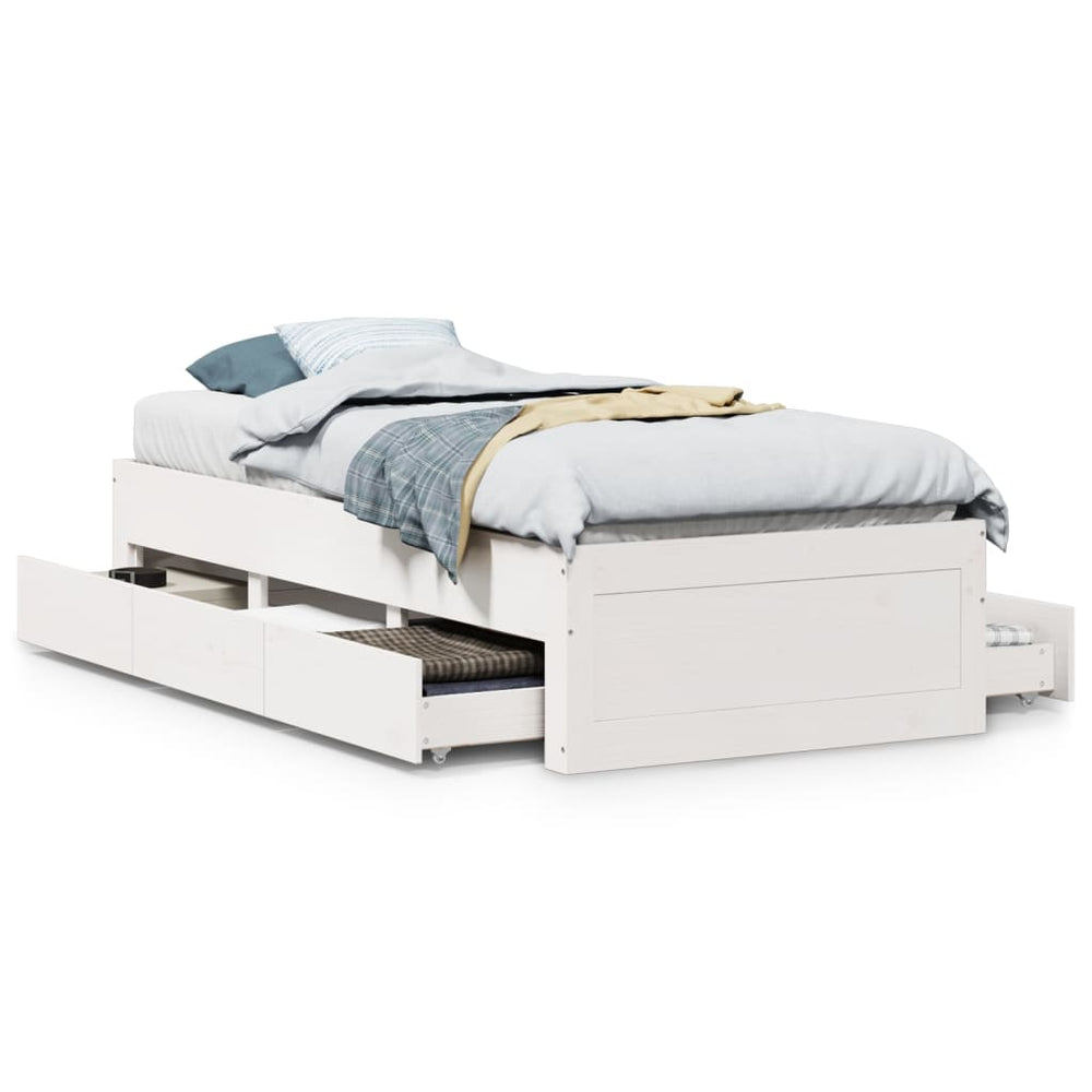 vidaXL Solid Wood Bed without Mattress with Drawers White 90x200 cm