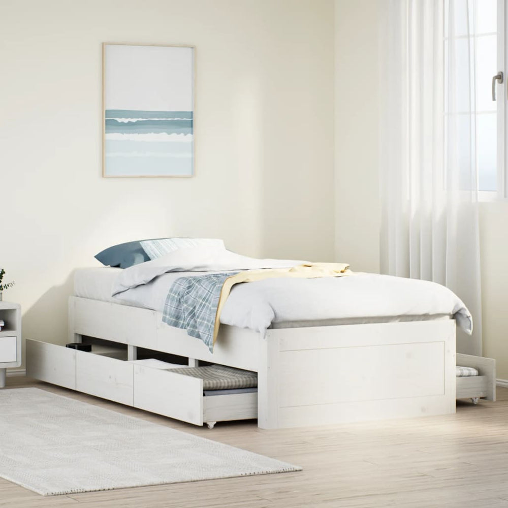 vidaXL Solid Wood Bed without Mattress with Drawers White 90x200 cm