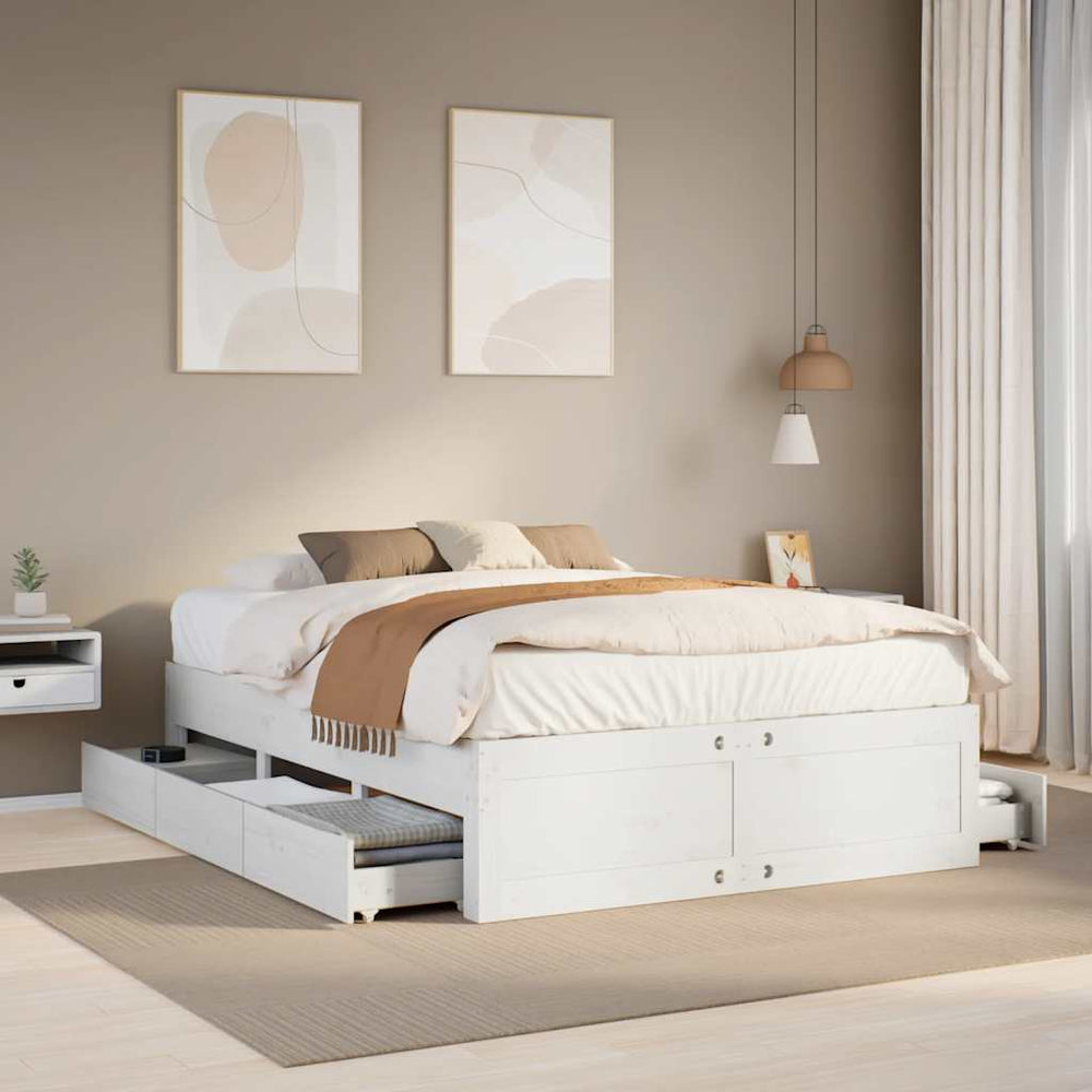 vidaXL Solid Wood Bed Frame without Mattress with Drawers White 140x190 cm