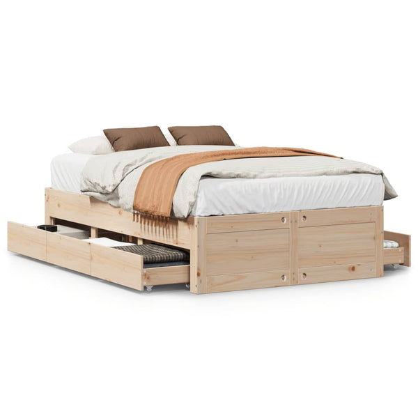 vidaXL Solid Wood Bed without Mattress with Drawers 135x190 cm