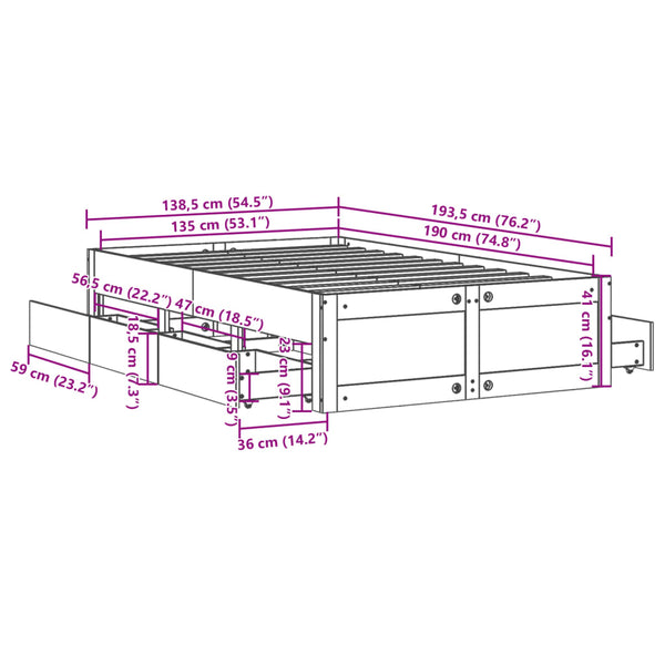 vidaXL Solid Wood Bed without Mattress with Drawers 135x190 cm