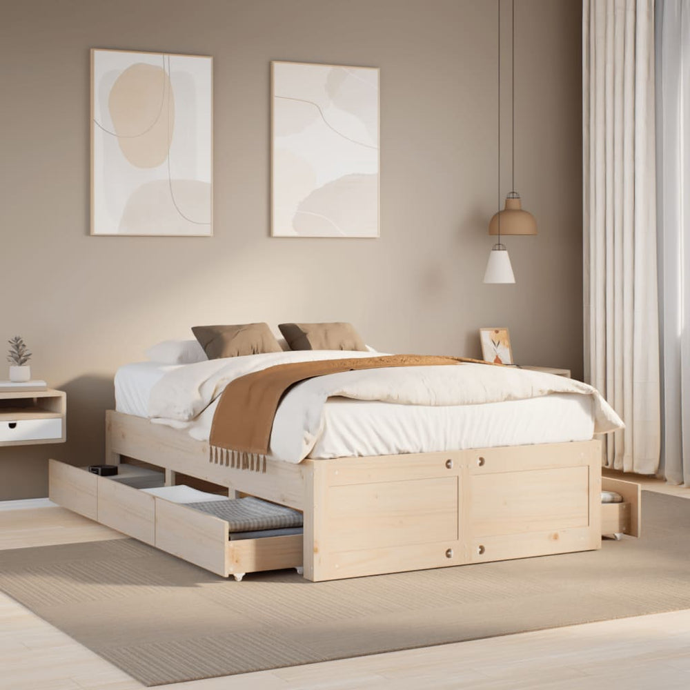vidaXL Solid Wood Bed without Mattress with Drawers 135x190 cm
