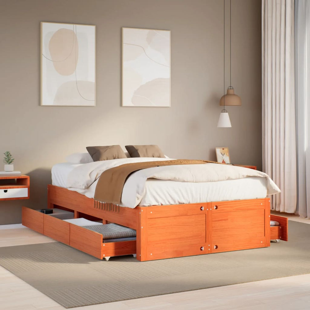 vidaXL Solid Wood Bed Frame with Drawers Brown 135x190 cm (Mattress Not Included)
