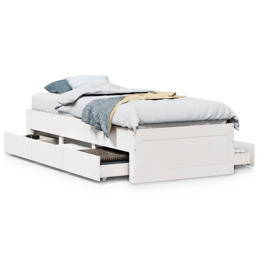 vidaXL Solid Wood Bed Frame without Mattress with Drawers White 75x190 cm
