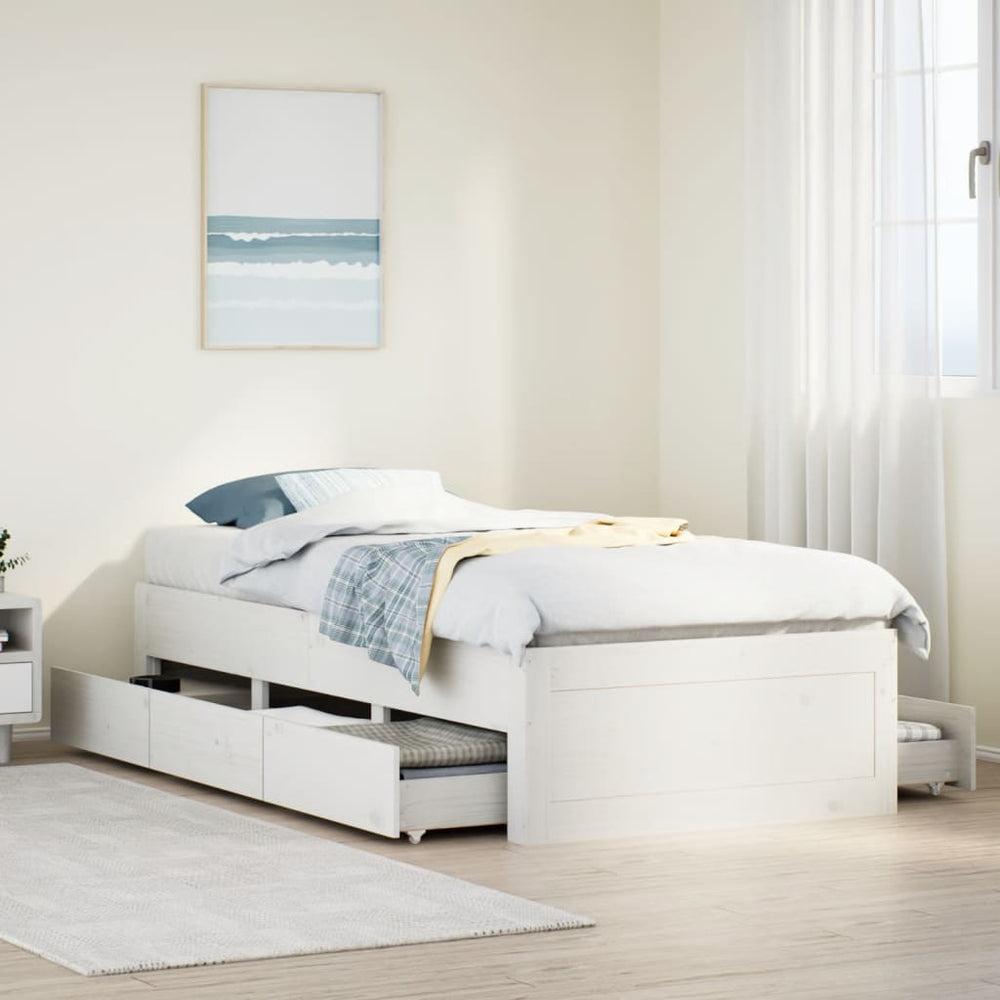 vidaXL Solid Wood Bed Frame without Mattress with Drawers White 75x190 cm