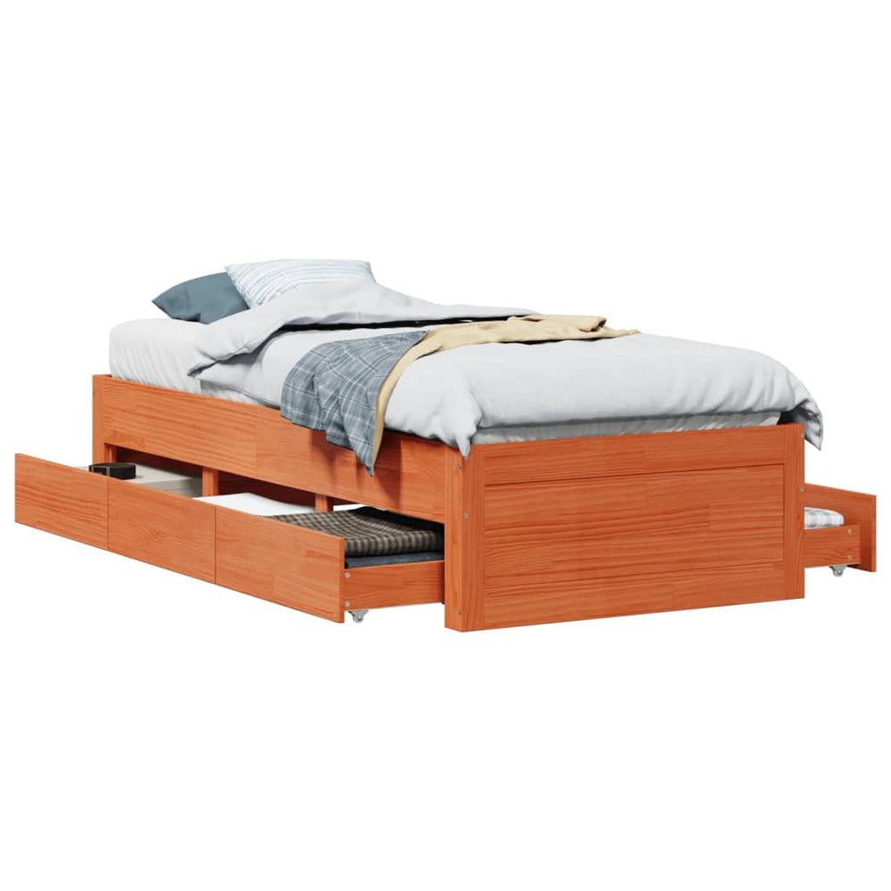 vidaXL Solid Wood Bed Frame without Mattress with Drawers Brown 75x190 cm