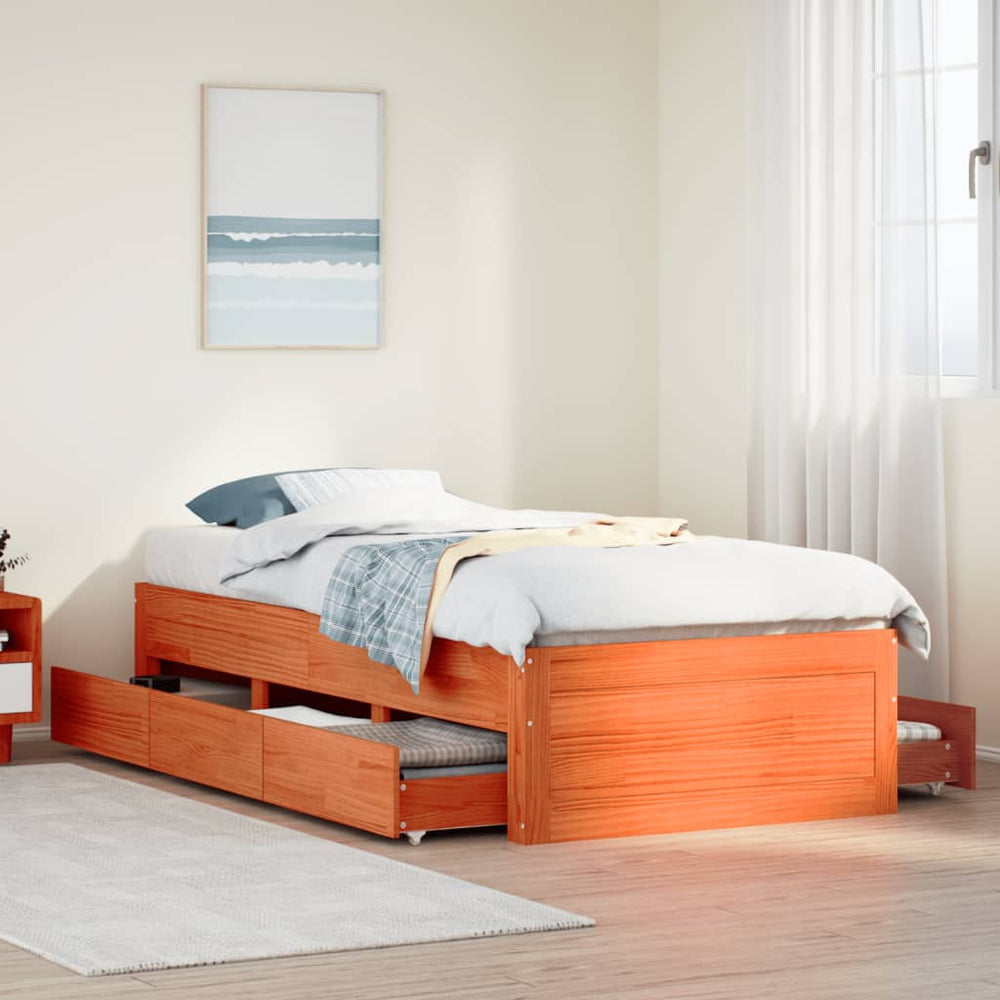 vidaXL Solid Wood Bed Frame without Mattress with Drawers Brown 75x190 cm