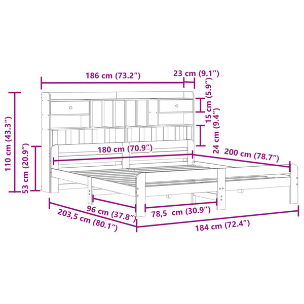 vidaXL Solid Wood Bed with Shelf without Mattress White 180x200 cm Pine