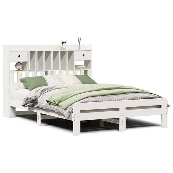 vidaXL Solid Pine Bed with Shelf, without Mattress, White 160x200 cm