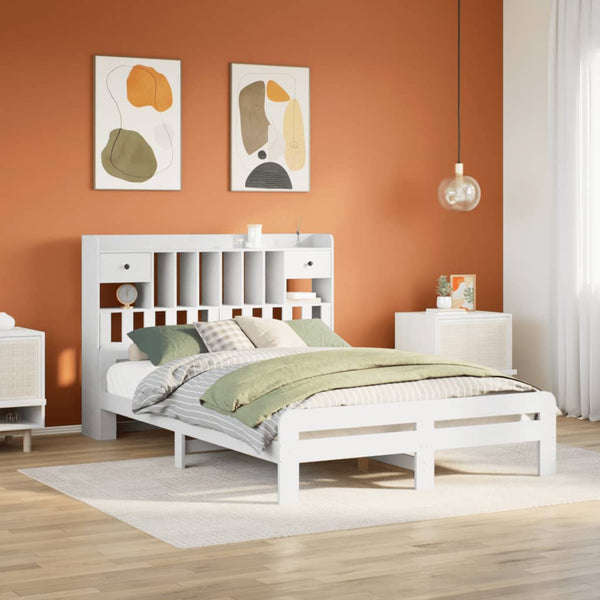 vidaXL Solid Pine Bed with Shelf No Mattress White 150x200 cm