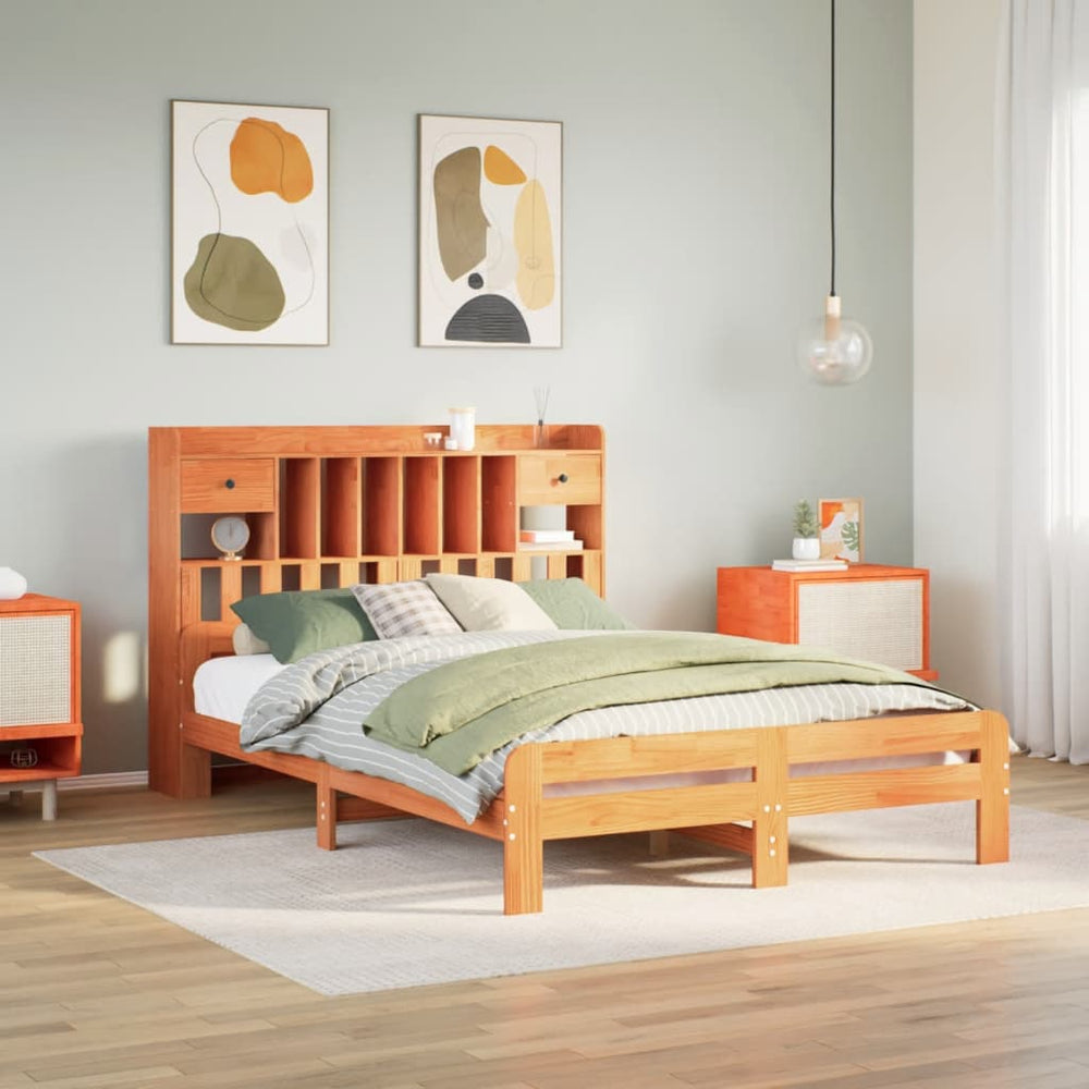 vidaXL Solid Wood Bed with Shelf without Mattress Waxed Brown 140x200 cm