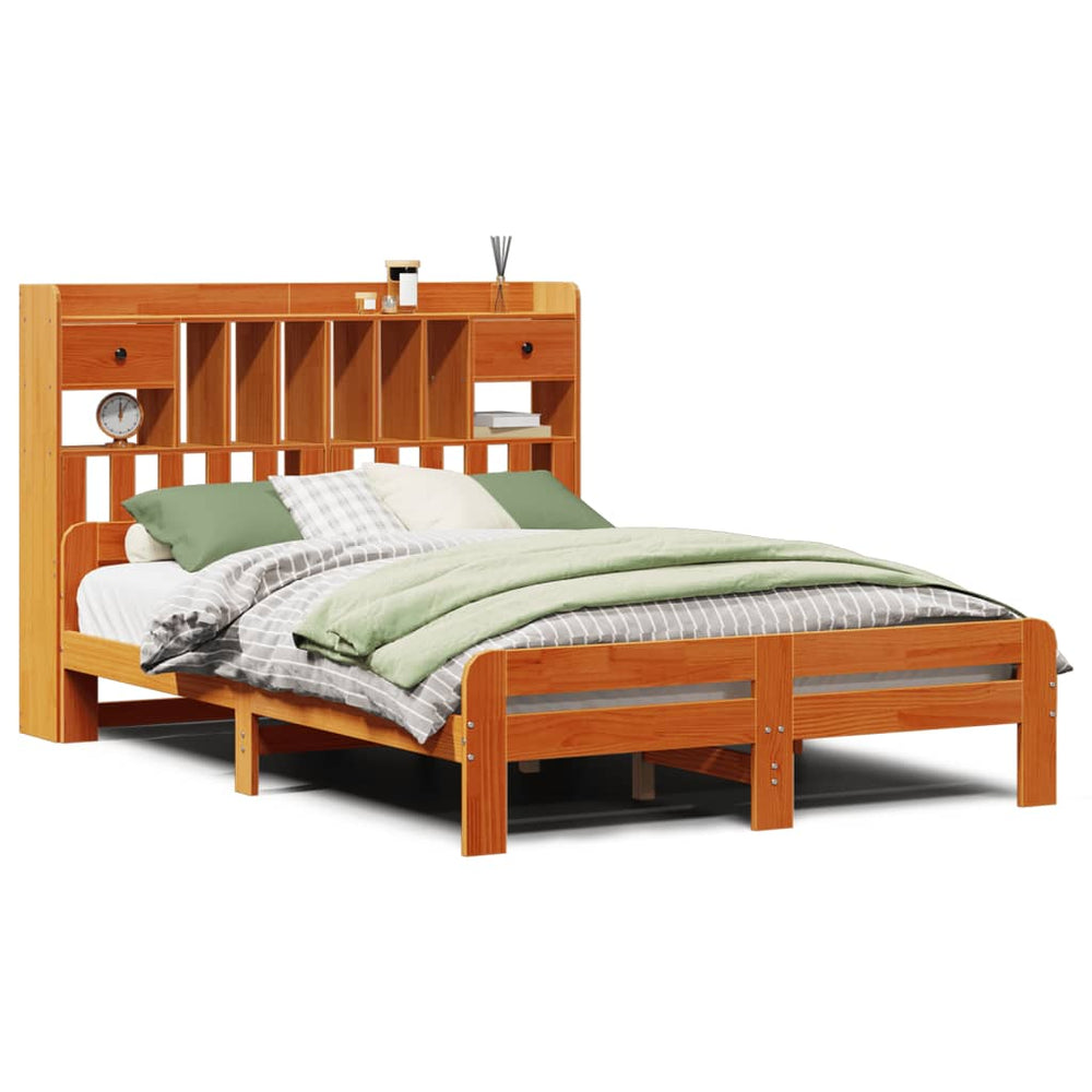 vidaXL Solid Wood Bed with Shelf without Mattress Waxed Brown 140x190 cm