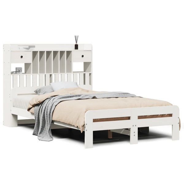 vidaXL Solid Wood Bed with Shelf without Mattress White 135x190 cm Pine