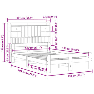 vidaXL Solid Wood Bed with Shelf without Mattress White 135x190 cm Pine
