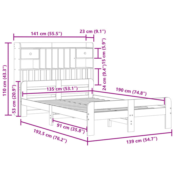 vidaXL Solid Wood Bed with Shelf without Mattress White 135x190 cm Pine