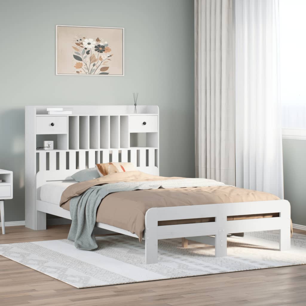 vidaXL Solid Wood Bed with Shelf without Mattress White 135x190 cm Pine