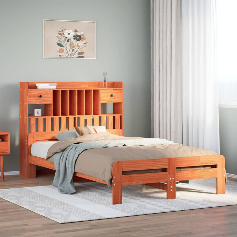 vidaXL Solid Wood Bed with Storage Shelf, No Mattress, Waxed Brown 135x190 cm