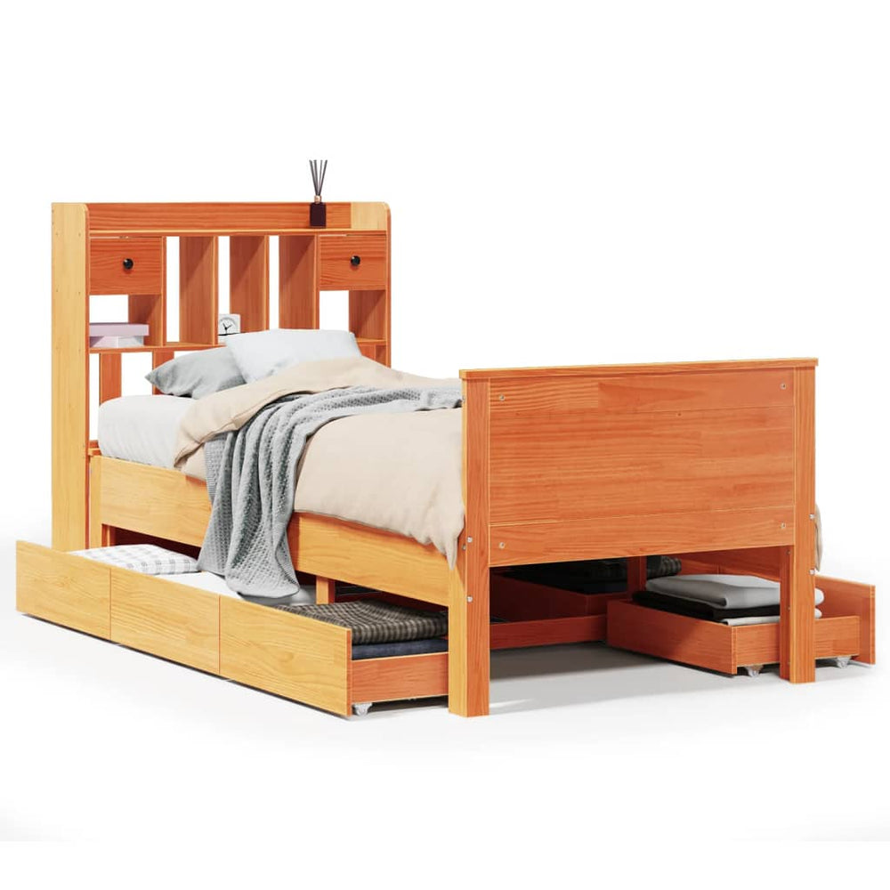 vidaXL Solid Wood Bed with Shelf No Mattress Waxed Brown 100x200 cm