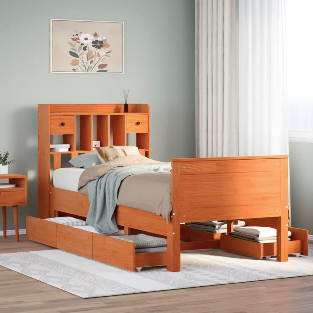 vidaXL Solid Wood Bed with Shelf No Mattress Waxed Brown 100x200 cm