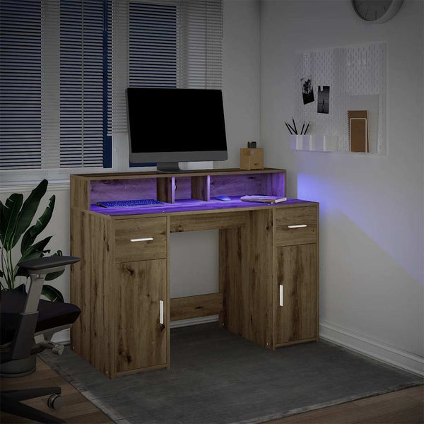 vidaXL LED Desk Artisan Oak 120x55x91 cm Engineered Wood
