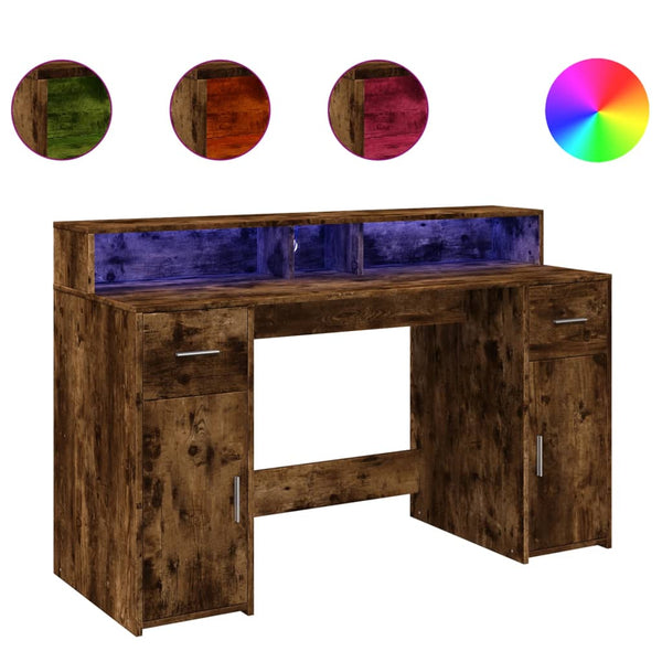 vidaXL LED Desk Smoked Oak 140x55x91 cm Engineered Wood