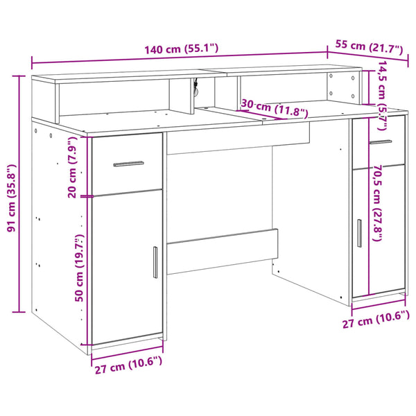 vidaXL LED Desk Smoked Oak 140x55x91 cm Engineered Wood