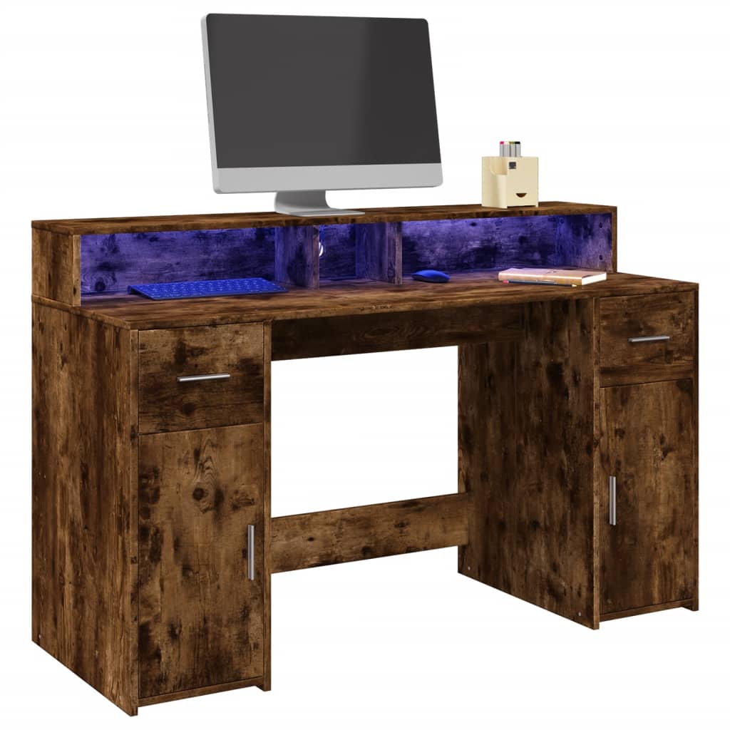 vidaXL LED Desk Smoked Oak 140x55x91 cm Engineered Wood