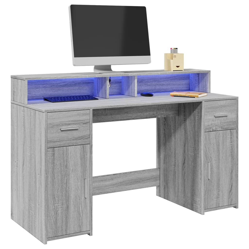 vidaXL LED Desk Grey Sonoma 140x55x91 cm Engineered Wood