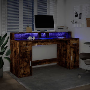 vidaXL LED Desk Smoked Oak 160x55x91 cm Engineered Wood