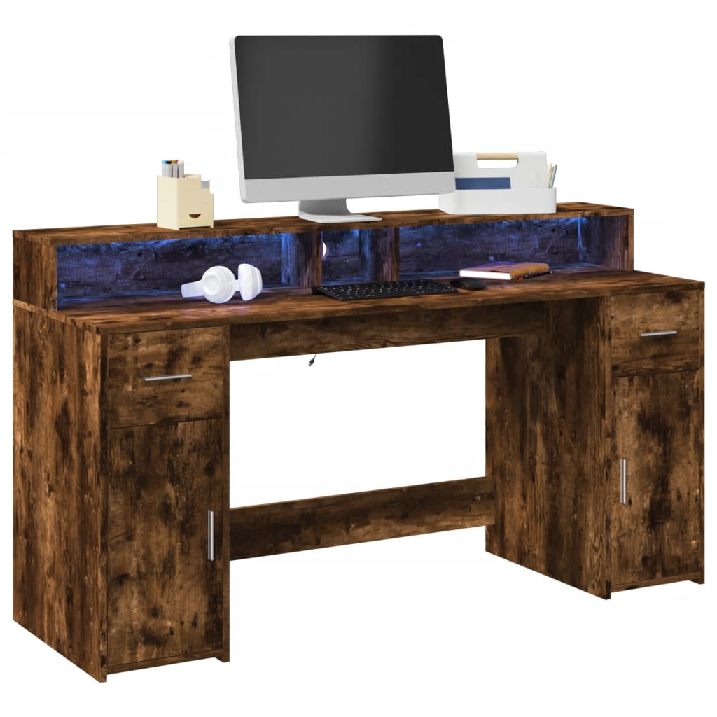 vidaXL LED Desk Smoked Oak 160x55x91 cm Engineered Wood